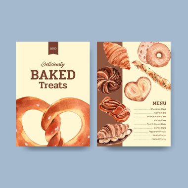 Restoran ve yemek dükkanı suluboya çizimi için fırın şablonu tasarımı menüsü