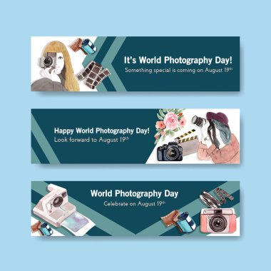Reklam ve broşür suluboya illüstrasyonu için dünya fotoğrafçılık günüyle banner şablon tasarımı