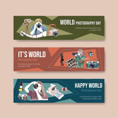 Reklam ve broşür suluboya illüstrasyonu için dünya fotoğrafçılık günüyle banner şablon tasarımı