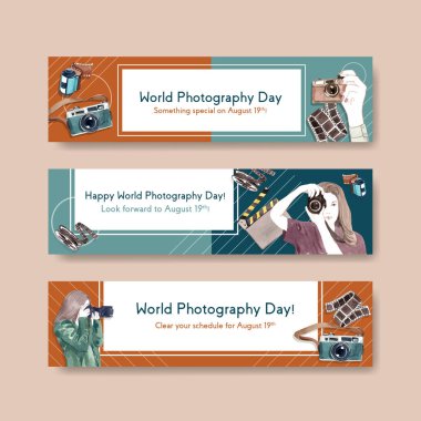 Reklam ve broşür suluboya illüstrasyonu için dünya fotoğrafçılık günüyle banner şablon tasarımı