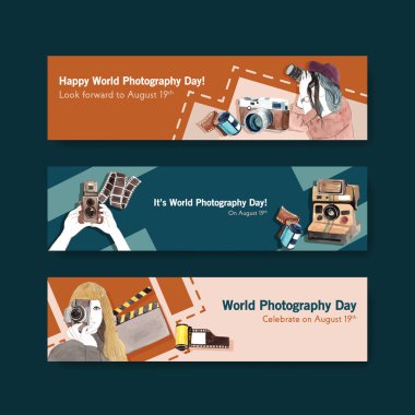 Reklam ve broşür suluboya illüstrasyonu için dünya fotoğrafçılık günüyle banner şablon tasarımı
