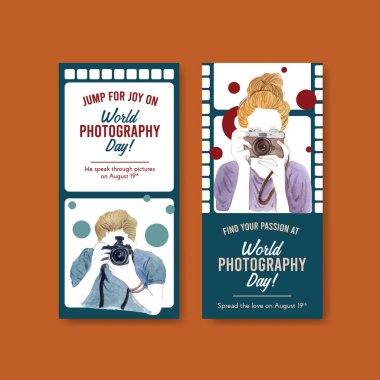 Reklam ve pazarlama suluboya illüstrasyonu için dünya fotoğrafçılık günüyle broşür tasarımı