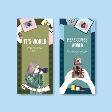 Reklam ve pazarlama suluboya illüstrasyonu için dünya fotoğrafçılık günüyle broşür tasarımı