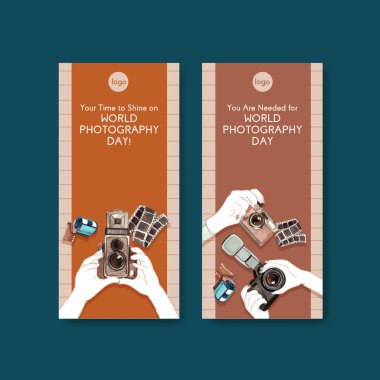 Reklam ve pazarlama suluboya illüstrasyonu için dünya fotoğrafçılık günüyle broşür tasarımı