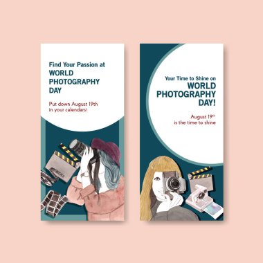 Reklam ve pazarlama suluboya illüstrasyonu için dünya fotoğrafçılık günüyle broşür tasarımı