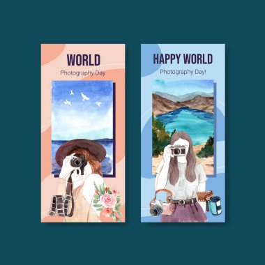 Reklam ve pazarlama suluboya illüstrasyonu için dünya fotoğrafçılık günüyle broşür tasarımı