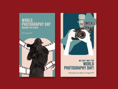 Sosyal medya ve çevrimiçi pazarlama suluboya illüstrasyonu için dünya fotoğrafçılık günüyle Instagram şablonu tasarımı