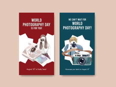 Sosyal medya ve çevrimiçi pazarlama suluboya illüstrasyonu için dünya fotoğrafçılık günüyle Instagram şablonu tasarımı
