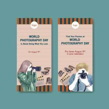 Reklam ve pazarlama suluboya illüstrasyonu için dünya fotoğrafçılık günüyle broşür tasarımı