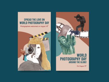 Sosyal medya ve çevrimiçi pazarlama suluboya illüstrasyonu için dünya fotoğrafçılık günüyle Instagram şablonu tasarımı