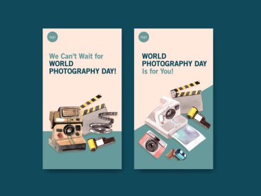 Sosyal medya ve çevrimiçi pazarlama suluboya illüstrasyonu için dünya fotoğrafçılık günüyle Instagram şablonu tasarımı