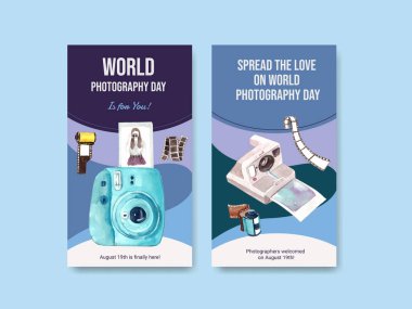 Sosyal medya ve çevrimiçi pazarlama suluboya illüstrasyonu için dünya fotoğrafçılık günüyle Instagram şablonu tasarımı