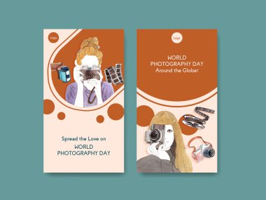 Sosyal medya ve çevrimiçi pazarlama suluboya illüstrasyonu için dünya fotoğrafçılık günüyle Instagram şablonu tasarımı