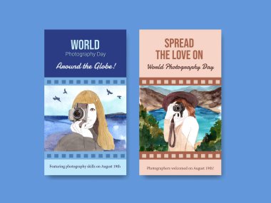 Sosyal medya ve çevrimiçi pazarlama suluboya illüstrasyonu için dünya fotoğrafçılık günüyle Instagram şablonu tasarımı