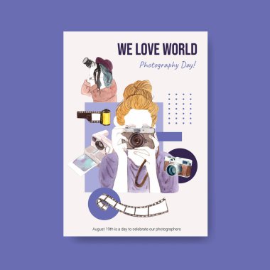 Broşür ve broşür ve broşür için dünya fotoğrafçılık günüyle birlikte poster şablonu tasarımı