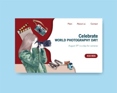 İnternet sitesi şablon tasarımı İnternet ve çevrimiçi topluluk suluboya illüstrasyonu için dünya fotoğrafçılık günü