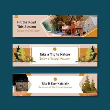 Pazarlama ve broşür için sonbahar tasarımlı sancak şablonu. Sonbahar mevsimleri suluboya vektör çizimi