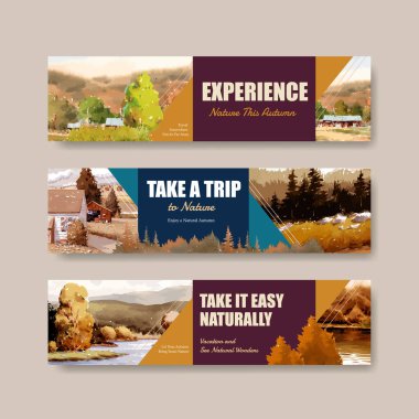 Pazarlama ve broşür için sonbahar tasarımlı sancak şablonu. Sonbahar mevsimleri suluboya vektör çizimi