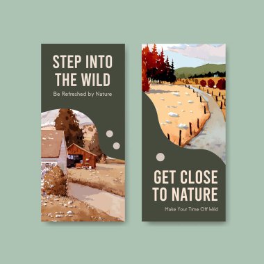 Broşür ve broşür için sonbahar tasarımı peyzajlı el ilanı şablonu. Sonbahar mevsimleri suluboya vektör çizimi