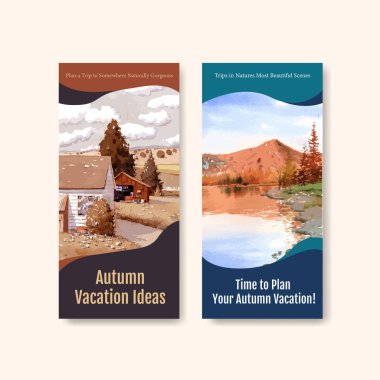 Broşür ve broşür için sonbahar tasarımı peyzajlı el ilanı şablonu. Sonbahar mevsimleri suluboya vektör çizimi
