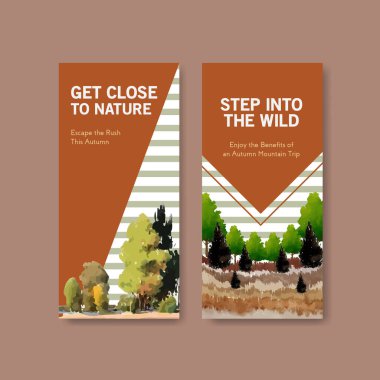 Broşür ve broşür için sonbahar tasarımı peyzajlı el ilanı şablonu. Sonbahar mevsimleri suluboya vektör çizimi