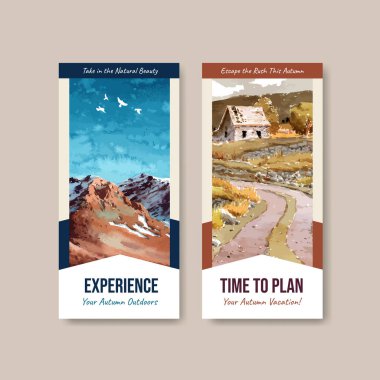 Broşür ve broşür için sonbahar tasarımı peyzajlı el ilanı şablonu. Sonbahar mevsimleri suluboya vektör çizimi