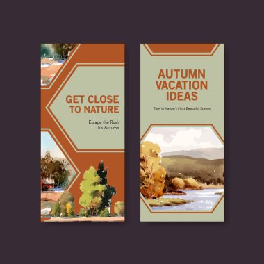 Broşür ve broşür için sonbahar tasarımı peyzajlı el ilanı şablonu. Sonbahar mevsimleri suluboya vektör çizimi