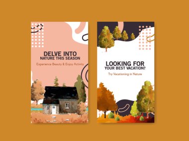 Dijital pazarlama ve sosyal medya için sonbahar tasarımında manzara ile Instagram şablonu. Sonbahar mevsimleri suluboya vektör çizimi