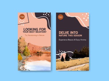 Dijital pazarlama ve sosyal medya için sonbahar tasarımında manzara ile Instagram şablonu. Sonbahar mevsimleri suluboya vektör çizimi