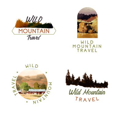 Sonbaharda pazarlama için manzara ile logo tasarımı. Sonbahar mevsimleri suluboya vektör çizimi