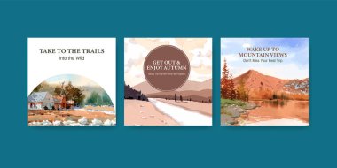 Broşür ve pazarlama için sonbahar tasarımında manzaralı bir şablon. Sonbahar mevsimleri suluboya vektör çizimi