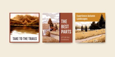 Broşür ve pazarlama için sonbahar tasarımında manzaralı bir şablon. Sonbahar mevsimleri suluboya vektör çizimi