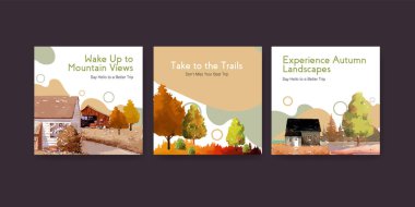 Broşür ve pazarlama için sonbahar tasarımında manzaralı bir şablon. Sonbahar mevsimleri suluboya vektör çizimi