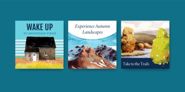 Broşür ve pazarlama için sonbahar tasarımında manzaralı bir şablon. Sonbahar mevsimleri suluboya vektör çizimi