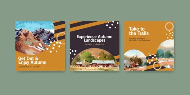 Broşür ve pazarlama için sonbahar tasarımında manzaralı bir şablon. Sonbahar mevsimleri suluboya vektör çizimi