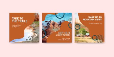 Broşür ve pazarlama için sonbahar tasarımında manzaralı bir şablon. Sonbahar mevsimleri suluboya vektör çizimi