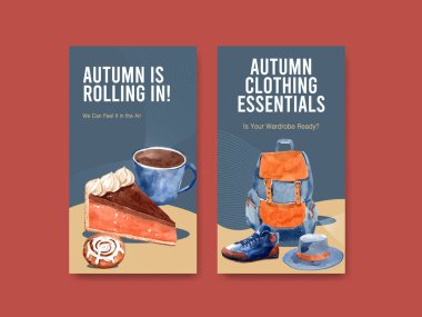 Dijital pazarlama ve sosyal medya suluboya vektör çizimi için sonbahar günlük konsept tasarımı ile Instagram şablonu