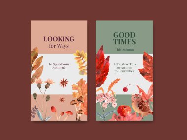 Dijital pazarlama ve sosyal medya suluboya vektör çizimi için sonbahar günlük konsept tasarımı ile Instagram şablonu