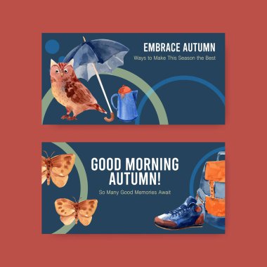 Çevrimiçi topluluk ve sosyal medya suluboya vektör illüstrasyonu için sonbahar günlük konsept tasarımı ile Twitter şablonu