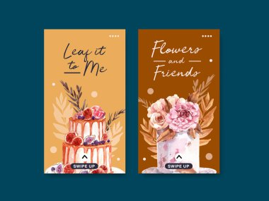 Sosyal medya ve dijital pazarlama suluboya resimleme için sonbahar çiçeği konsepti tasarımı ile Instagram şablonu