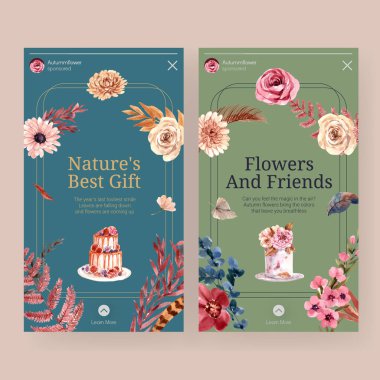 Sosyal medya ve dijital pazarlama suluboya resimleme için sonbahar çiçeği konsepti tasarımı ile Instagram şablonu