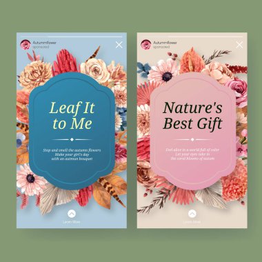 Sosyal medya ve dijital pazarlama suluboya resimleme için sonbahar çiçeği konsepti tasarımı ile Instagram şablonu