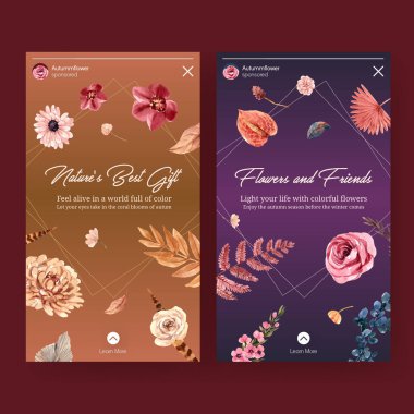 Sosyal medya ve dijital pazarlama suluboya resimleme için sonbahar çiçeği konsepti tasarımı ile Instagram şablonu