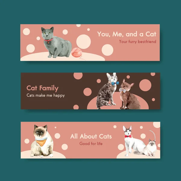 Lindo Gatos Banner Plantilla Diseño Para Publicidad Comercialización Acuarela Illustratio — Archivo Imágenes Vectoriales