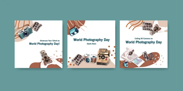 Reklama Szablonu Projektu Światowego Dnia Fotografii Ulotki Broszury Ilustracja Akwarela — Wektor stockowy
