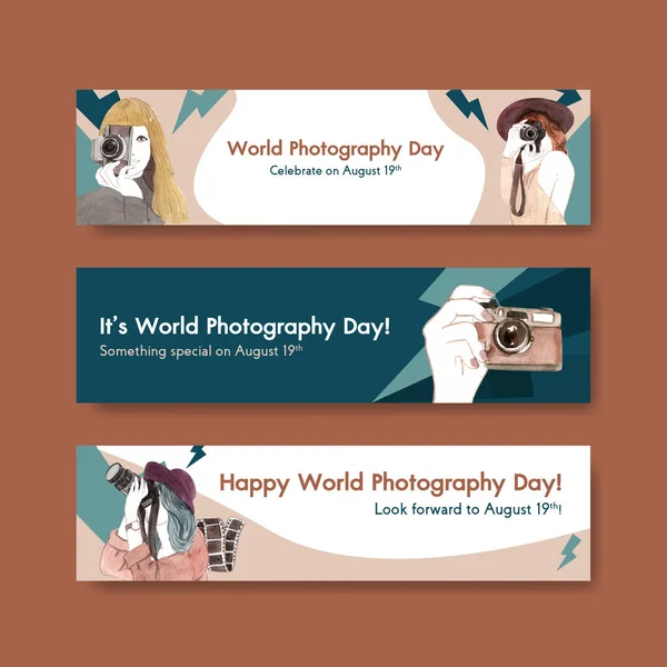 Reklam ve broşür suluboya illüstrasyonu için dünya fotoğrafçılık günüyle banner şablon tasarımı