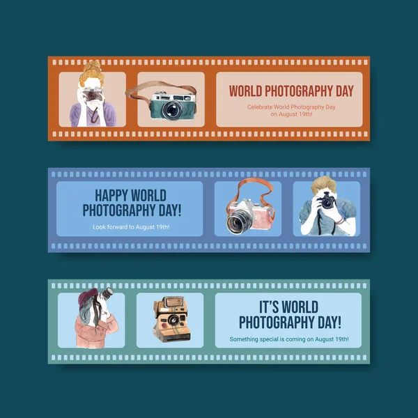 Reklam ve broşür suluboya illüstrasyonu için dünya fotoğrafçılık günüyle banner şablon tasarımı