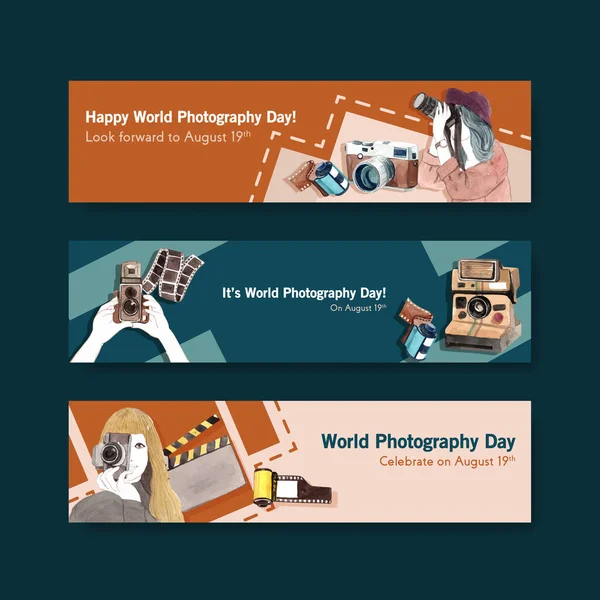 Reklam ve broşür suluboya illüstrasyonu için dünya fotoğrafçılık günüyle banner şablon tasarımı
