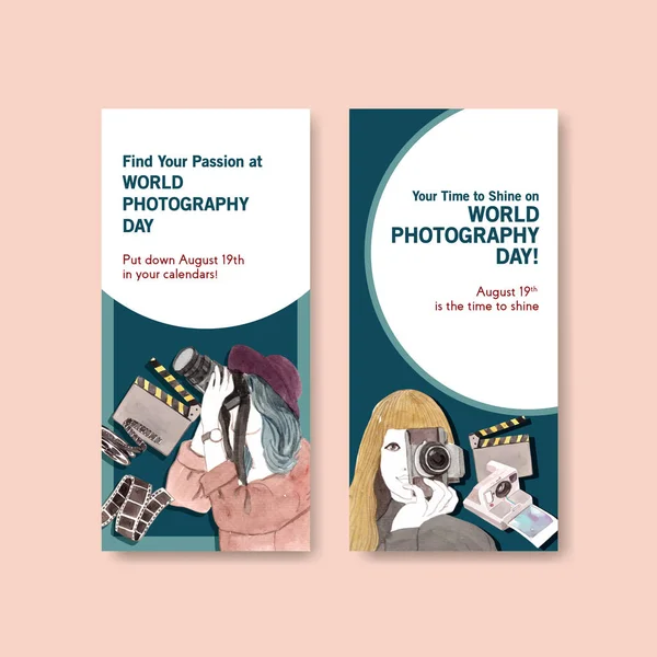 Reklam ve pazarlama suluboya illüstrasyonu için dünya fotoğrafçılık günüyle broşür tasarımı