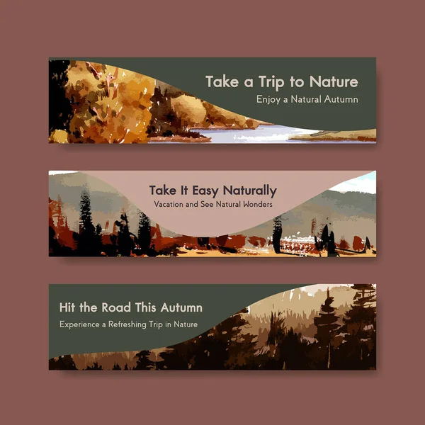 Pazarlama ve broşür için sonbahar tasarımlı sancak şablonu. Sonbahar mevsimleri suluboya vektör çizimi